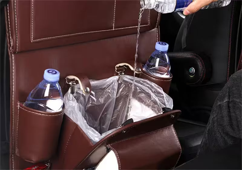 Car seat organizer with water bottles and a trash bag inside