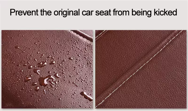 Close-up of a brown car seat surface with water droplets and a seam, with text above.