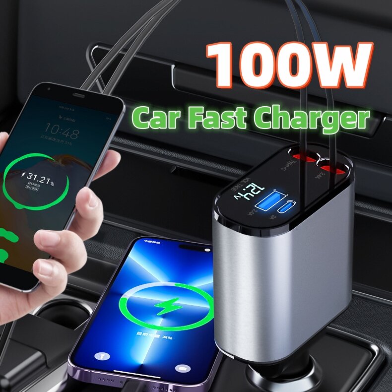 100W car fast charger with two smartphones being charged in a car cup holder.