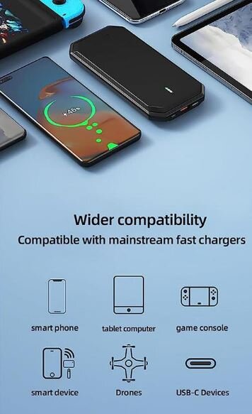 Smartphone with charging cable on a blue background, featuring text about compatibility with fast chargers.
