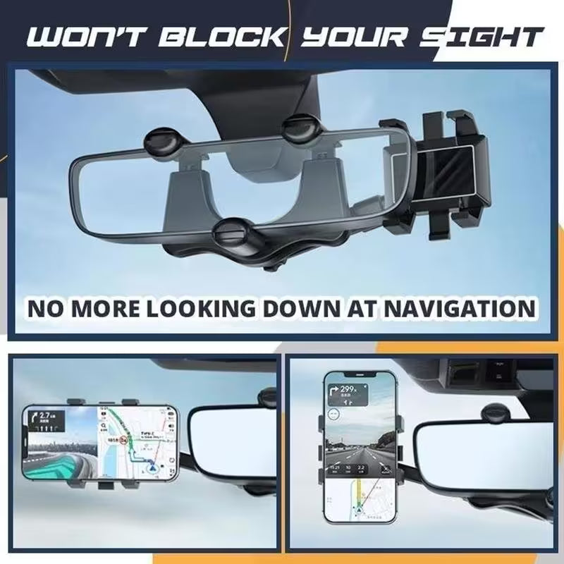 Car phone mount with text 'Won't block your sight' and 'No more looking down at navigation'.