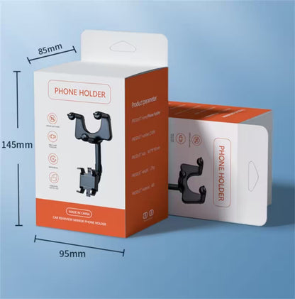 Phone holder packaging with dimensions on a blue background