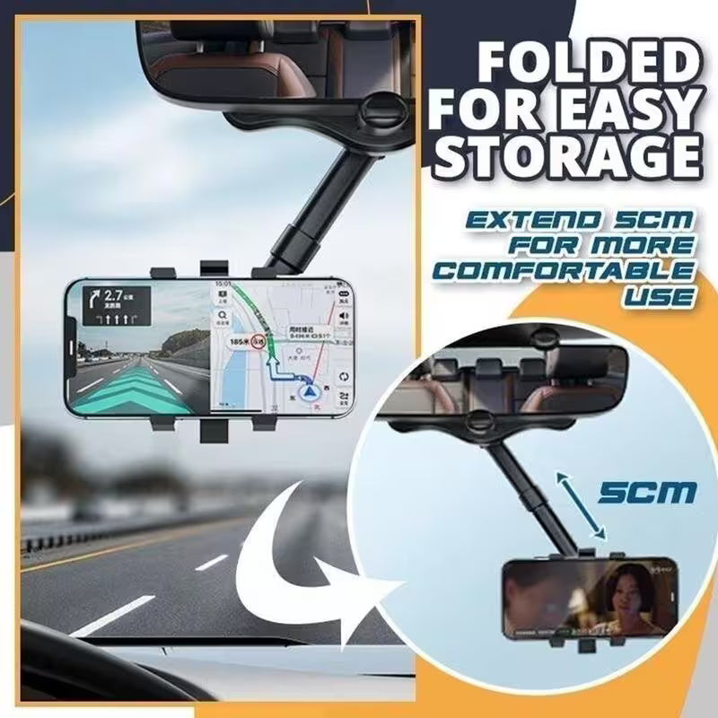 Car dashboard mount with phone holder and extendable arm, showing road view and storage feature.