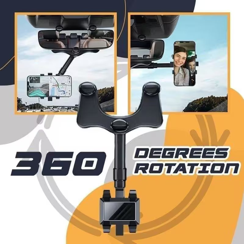 360-degree rotation car mirror with smartphone holder on an orange and gray background