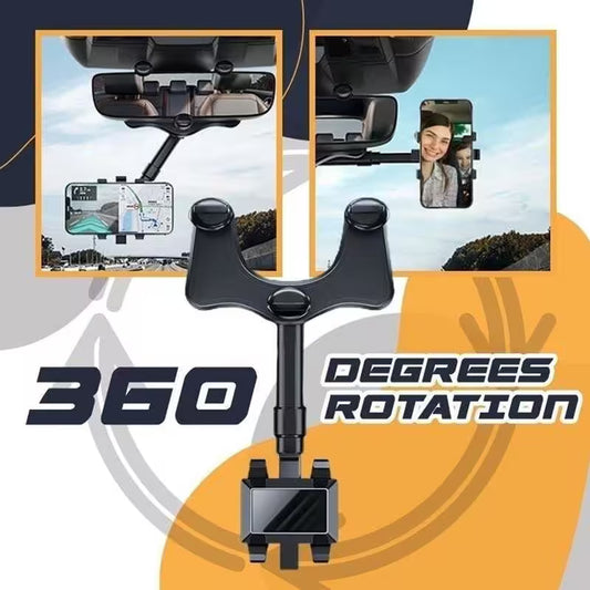 360-degree rotation car mirror with smartphone holder on an orange and gray background