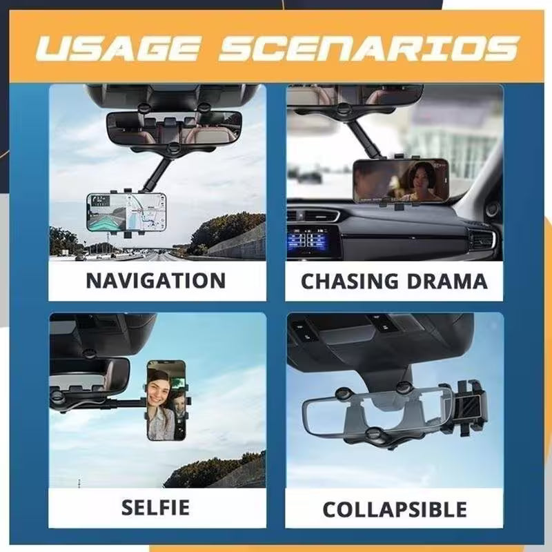 Usage scenarios of a car mirror with phone mount on a blue and orange background