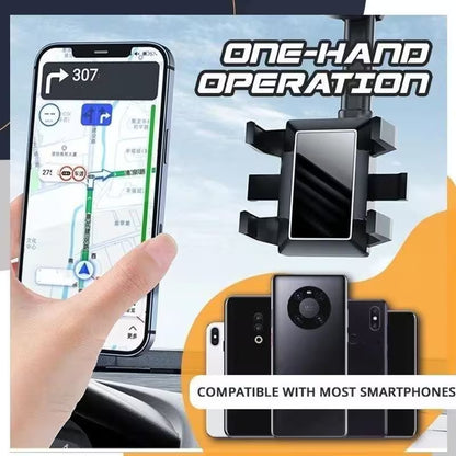 Phone holder with smartphone displaying navigation app, text 'One-Hand Operation' and 'Compatible with most smartphones'.