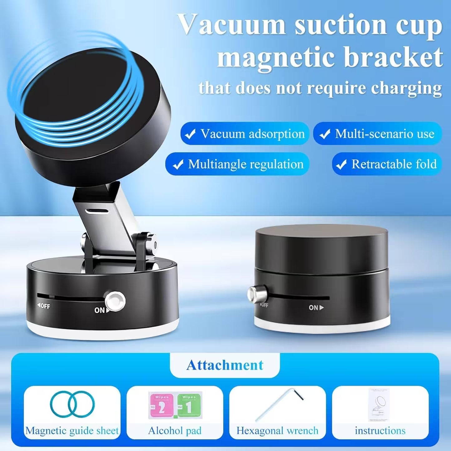 Vacuum suction cup magnetic bracket with features listed on a blue background