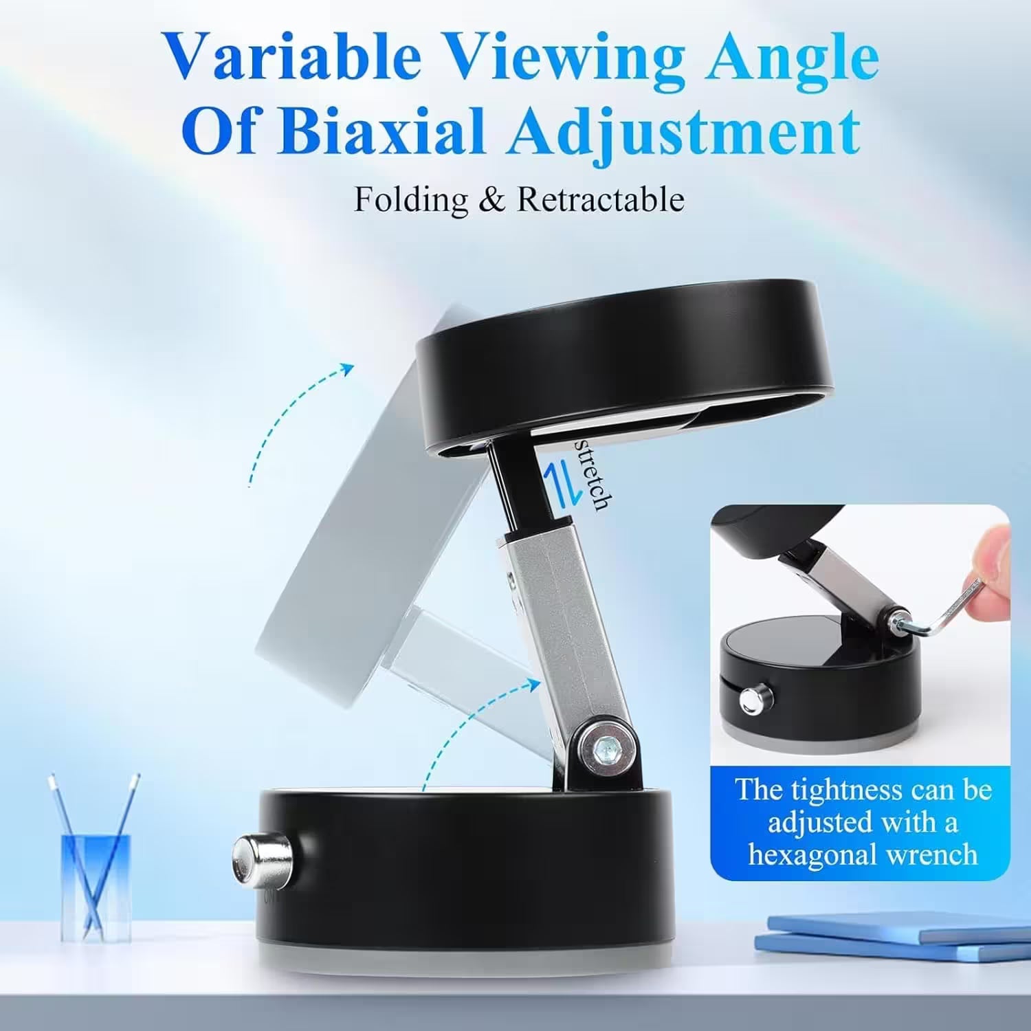 Folding and retractable lamp with adjustable viewing angle on a light blue background