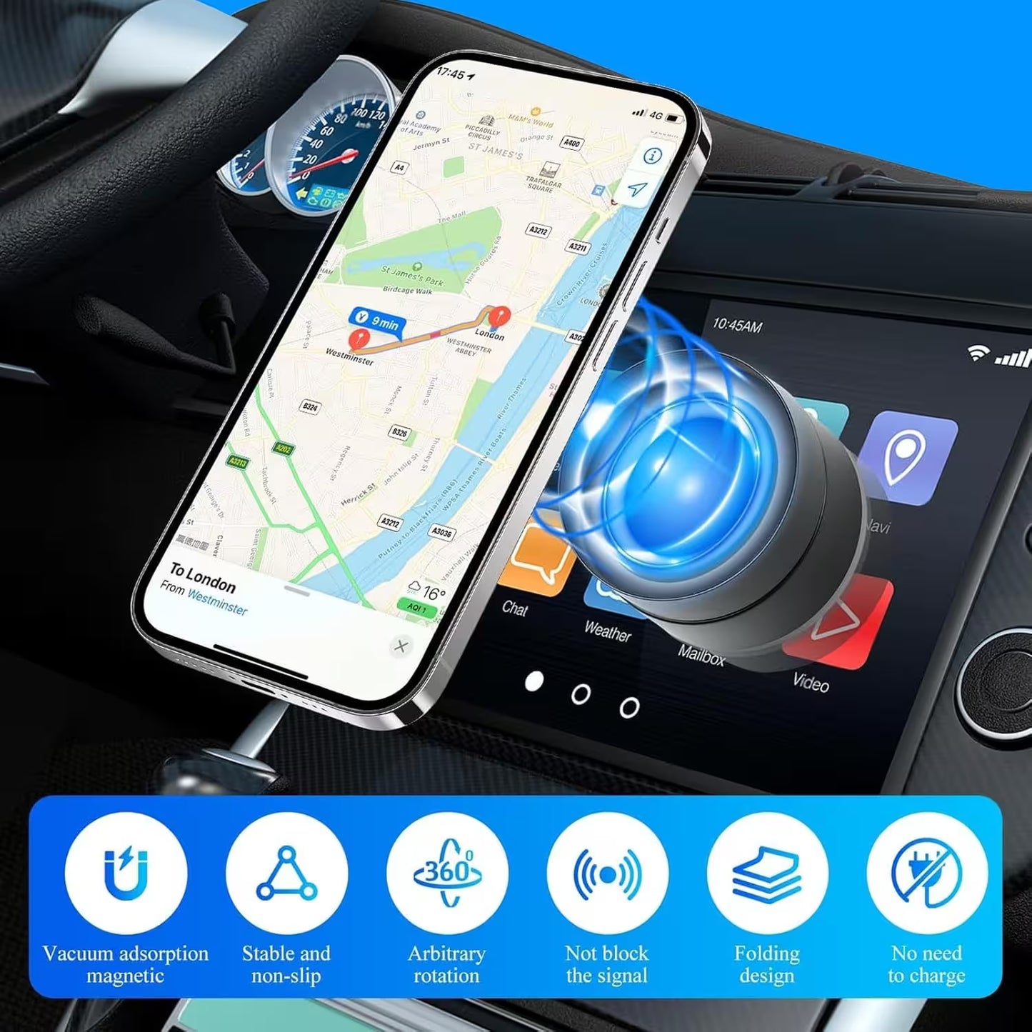 Phone holder with magnetic吸附功能 on a car dashboard, showing phone with map app.