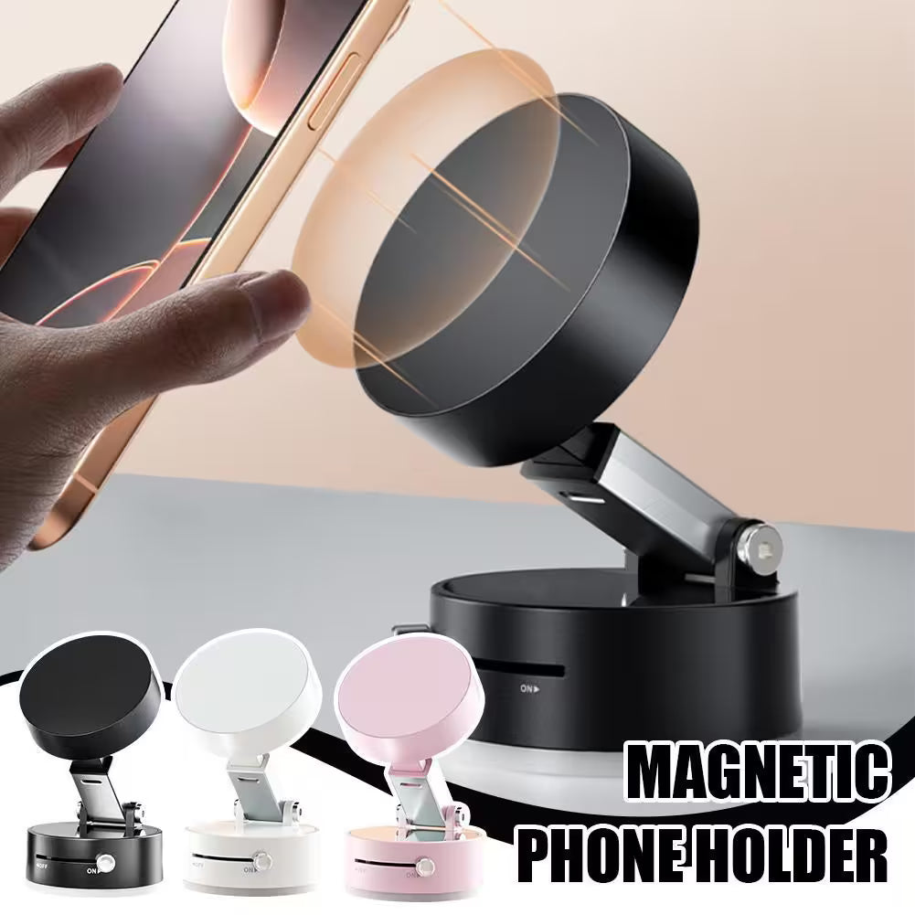 Magnetic phone holder with a hand placing a phone on it, shown in black, white, and pink colors.