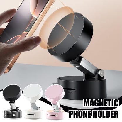 Magnetic phone holder with a hand placing a phone on it, shown in black, white, and pink colors.