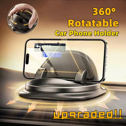 360-degree rotatable car phone holder with smartphone display on a dashboard.