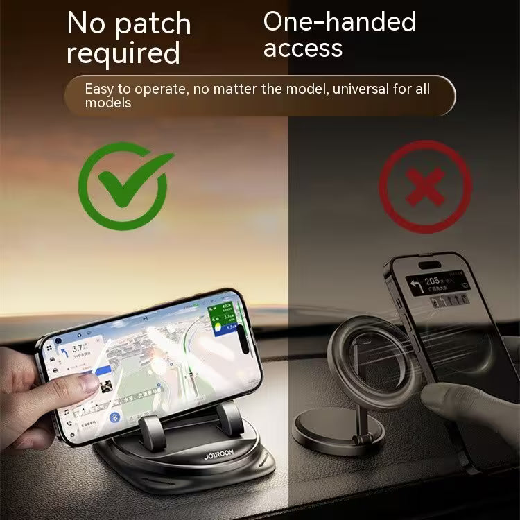 Car phone holder with text 'No patch required' and 'One-handed access' on a blurred background.