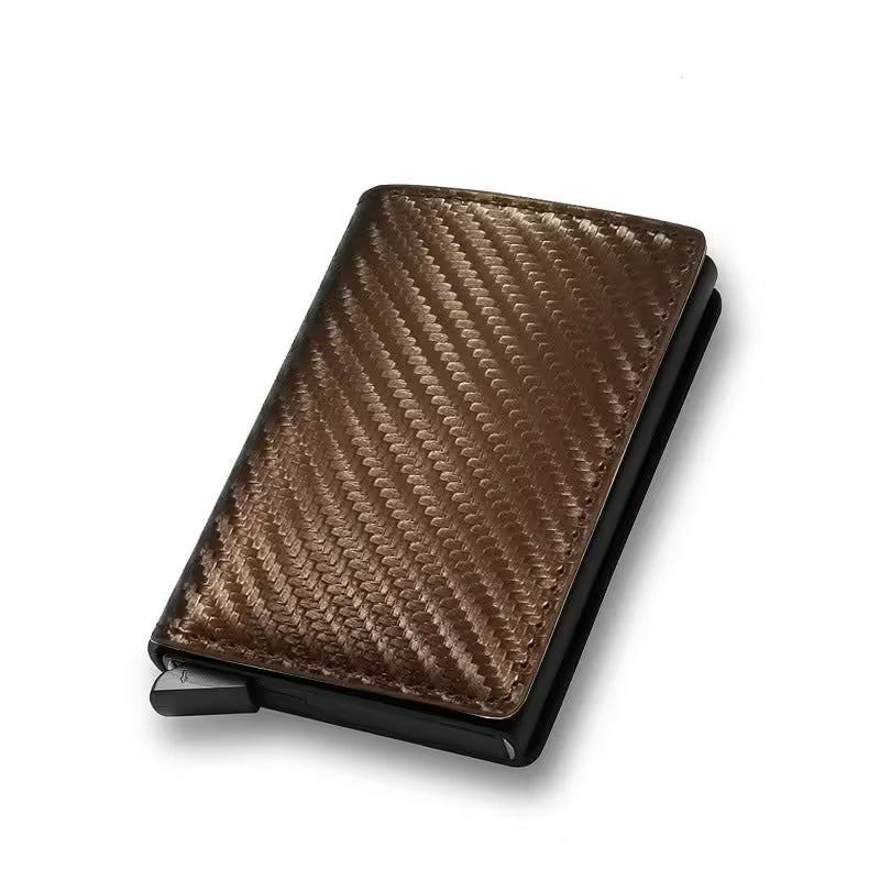 Carbon fiber wallet with black metal clip on a white background