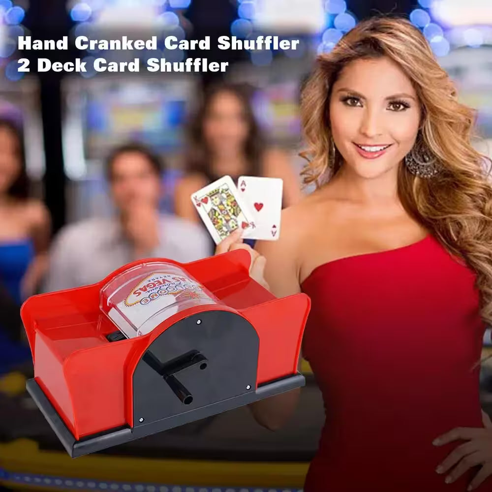 Hand cranked card shuffler with a woman holding playing cards in a casino setting