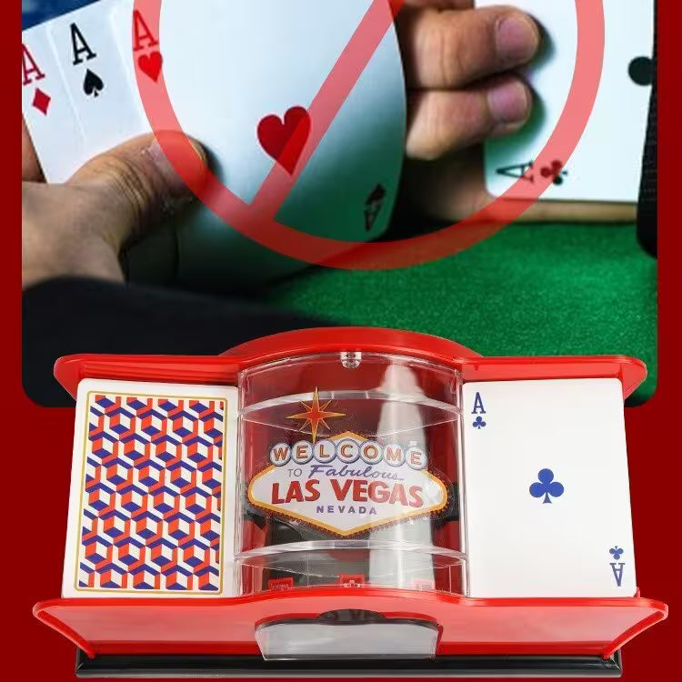 Card shuffler with 'Welcome to Fabulous Las Vegas Nevada' design on a red background