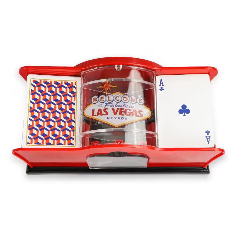 Red card holder with playing cards and a tumbler featuring 'Welcome to Fabulous Las Vegas, Nevada' on a white background.
