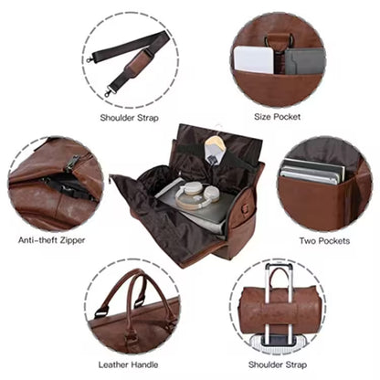 Brown leather bag with various features highlighted on a white background