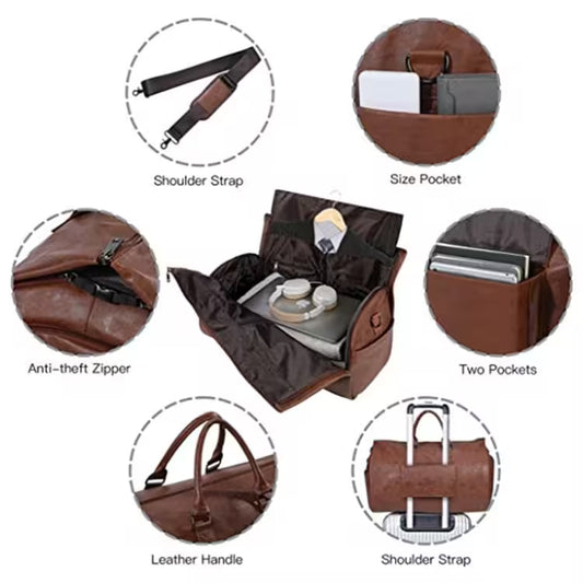 Brown leather bag with various features highlighted on a white background