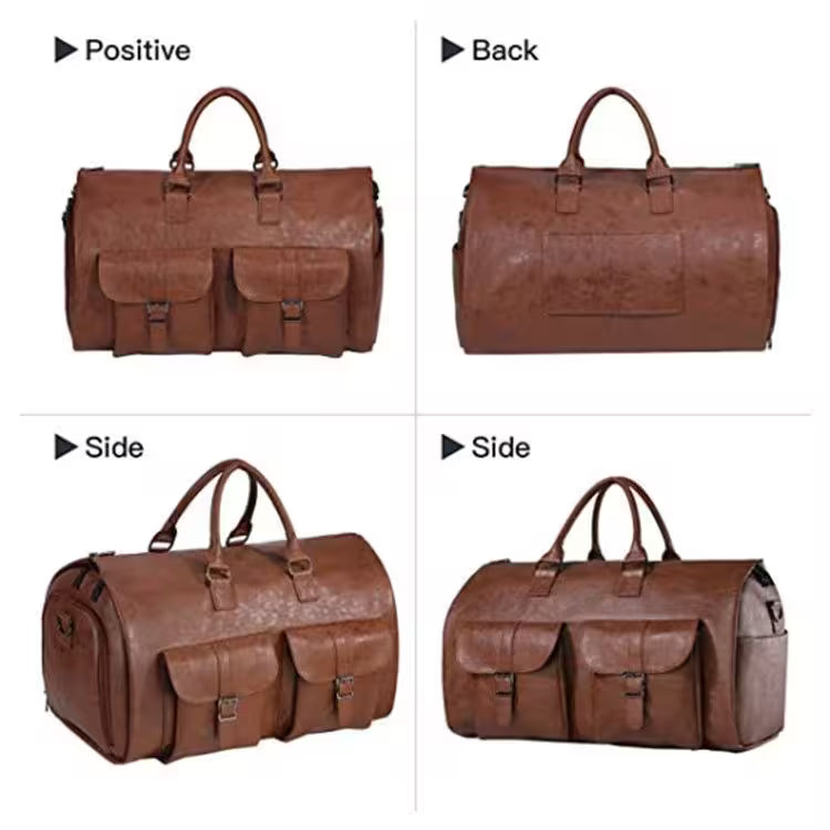 Brown leather duffel bag shown from multiple angles on a white background