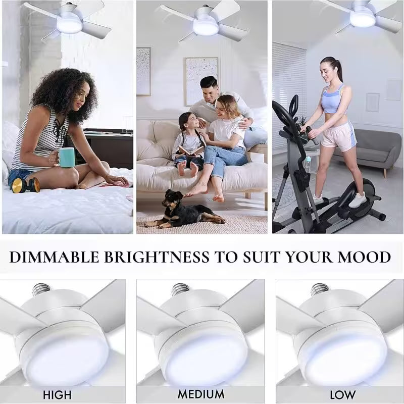 Collage of a woman using a ceiling fan with dimmable brightness control, family in living room, and person exercising on a bike.