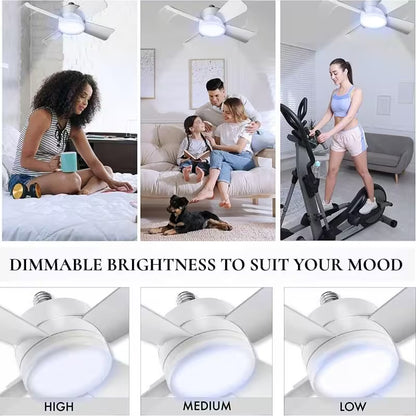 Collage of a woman using a ceiling fan with dimmable brightness control, family in living room, and person exercising on a bike.