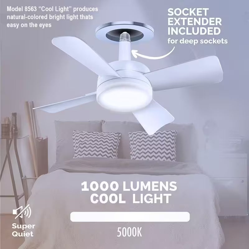 Ceiling fan with light fixture in a bedroom setting, highlighting features like cool light and socket extender.