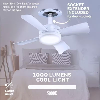 Ceiling fan with light fixture in a bedroom setting, highlighting features like cool light and socket extender.