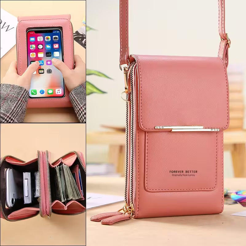 Pink crossbody bag with phone case and wallet compartments on a blurred background