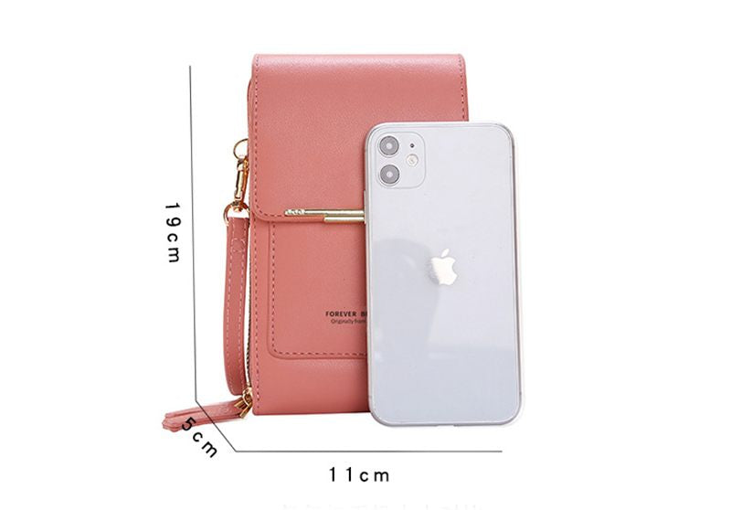 Pink phone pouch with a white phone inside, showing dimensions on a white background.