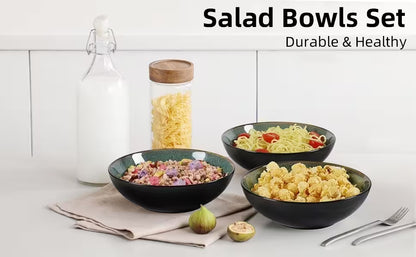 Set of salad bowls with various contents on a white surface, featuring text 'Salad Bowls Set Durable & Healthy'.