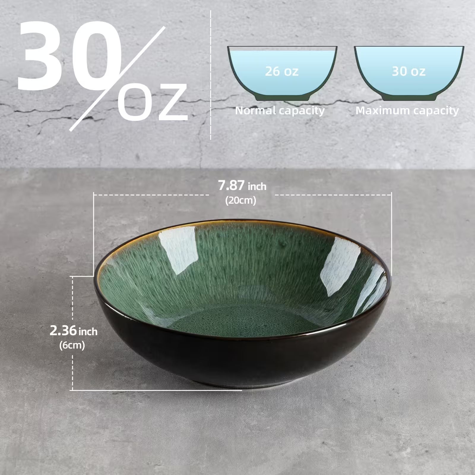 Green ceramic bowl with measurements on a gray background