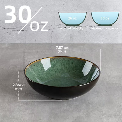 Green ceramic bowl with measurements on a gray background