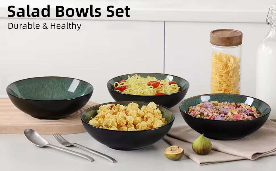 Set of black salad bowls with various contents on a white surface, with text 'Salad Bowls Set' and 'Durable & Healthy'.