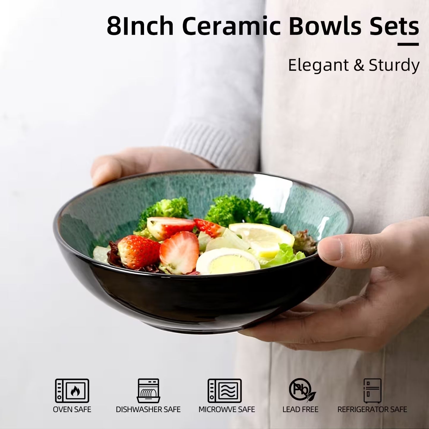 Person holding a 8-inch ceramic bowl with salad, featuring product details and safety icons on a white background.