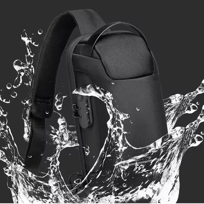 Black backpack with water splashes on a dark background