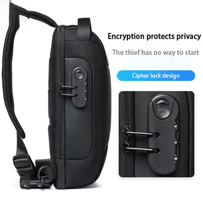 Black backpack with cipher lock design on a white background