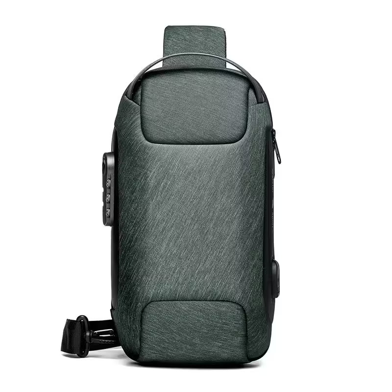 Green shoulder bag with USB port on a white background
