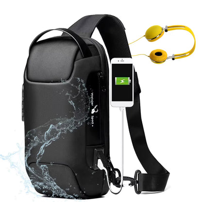 Black sling bag with water splash design, smartphone, and earbuds on a white background