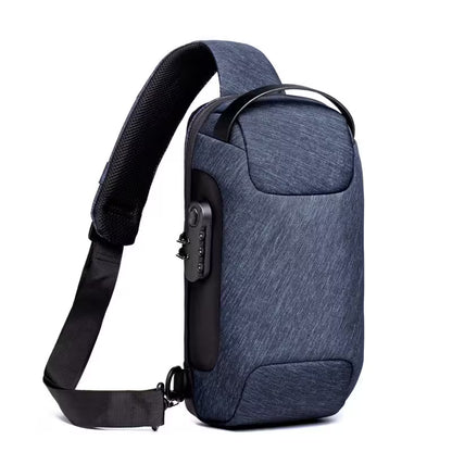 Blue sling bag with black strap on a white background