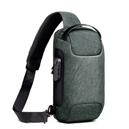 Green shoulder bag with a black strap on a white background