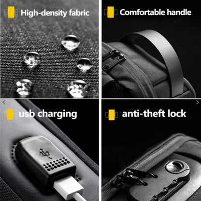 Product features including high-density fabric, comfortable handle, USB charging, and anti-theft lock.