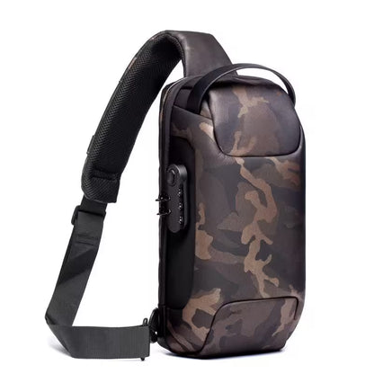 Camouflage-patterned sling bag on a white background