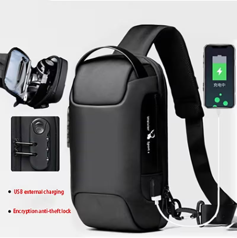 Black shoulder bag with USB charging and anti-theft features on a white background