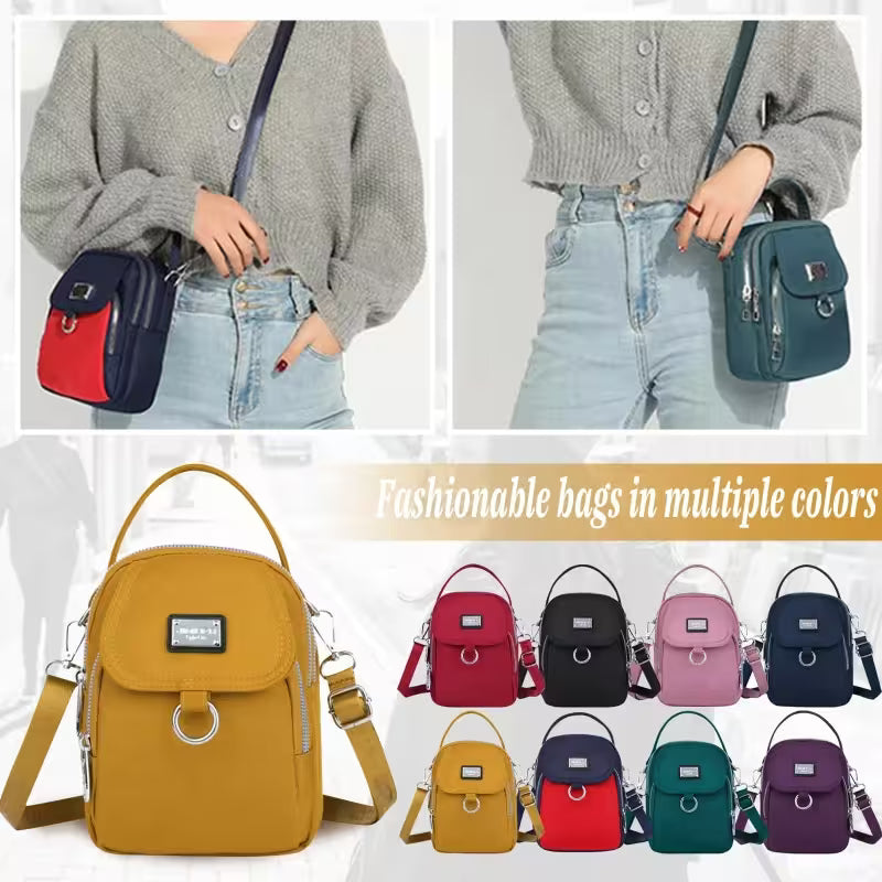 Collage of people holding bags and a display of colorful bags with text 'Fashionable bags in multiple colors'.