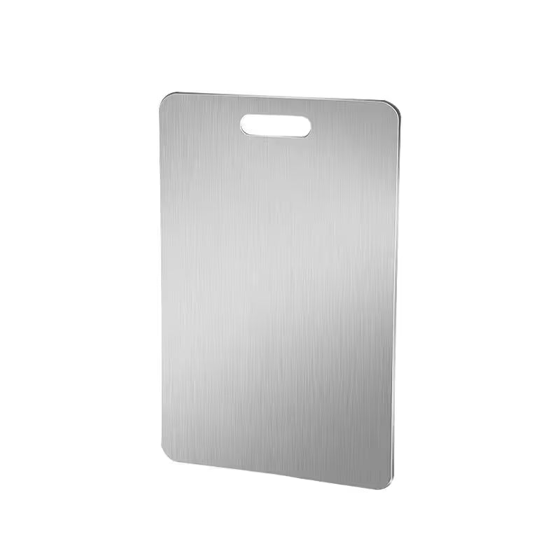 Stainless steel cutting board on a white background