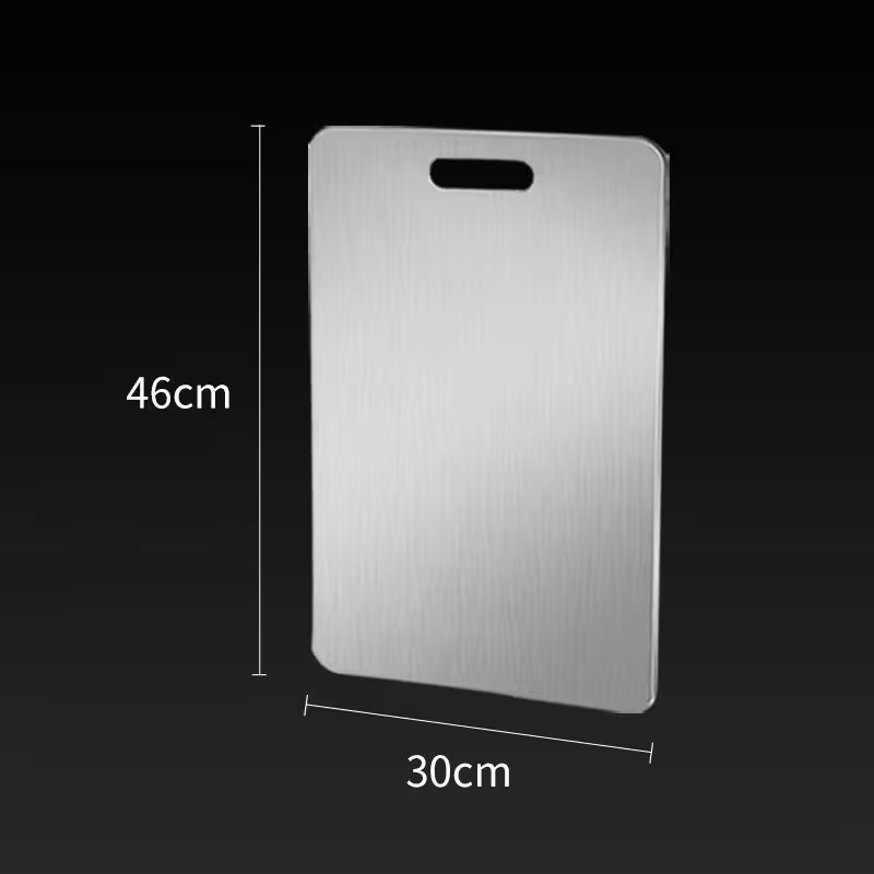 Metal cutting board with dimensions labeled on a black background