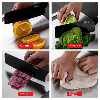 Set of four images showing a knife being used to cut fruit, vegetables, meat, and dough.