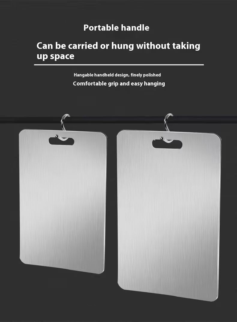 Two metallic boards with handles on a black background, featuring text about their portable design.